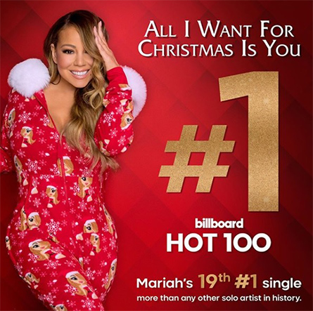 マライア・キャリーの「恋人たちのクリスマス」が発売から２５年で全米チャート1位に